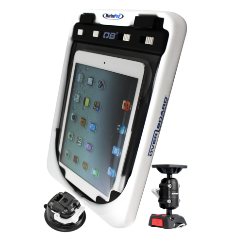 MarinePod iPad holder and waterproof OverBoard Case with flexible ROKK suction cup