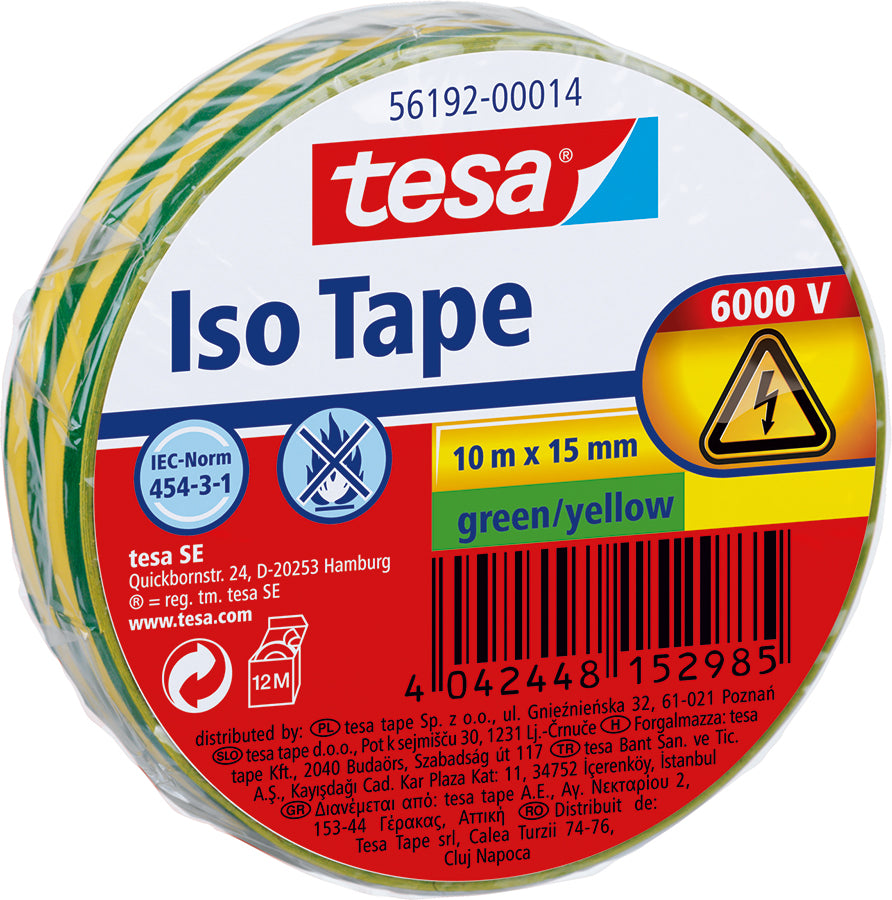 Insulation tape yellow/green 15mm x 10m